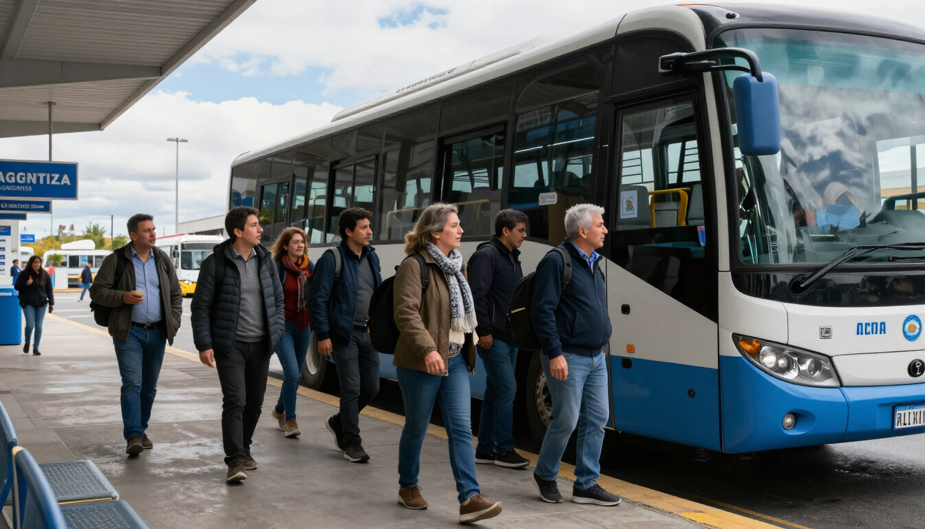 Pasajeros preparando un viaje en un colectivo interurbano patagónico