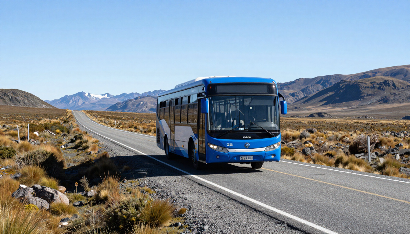 Ómnibus interurbano recorriendo una ruta patagónica