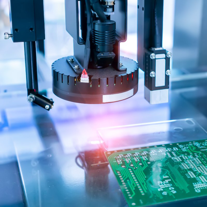 A machine is working on a green circuit board.