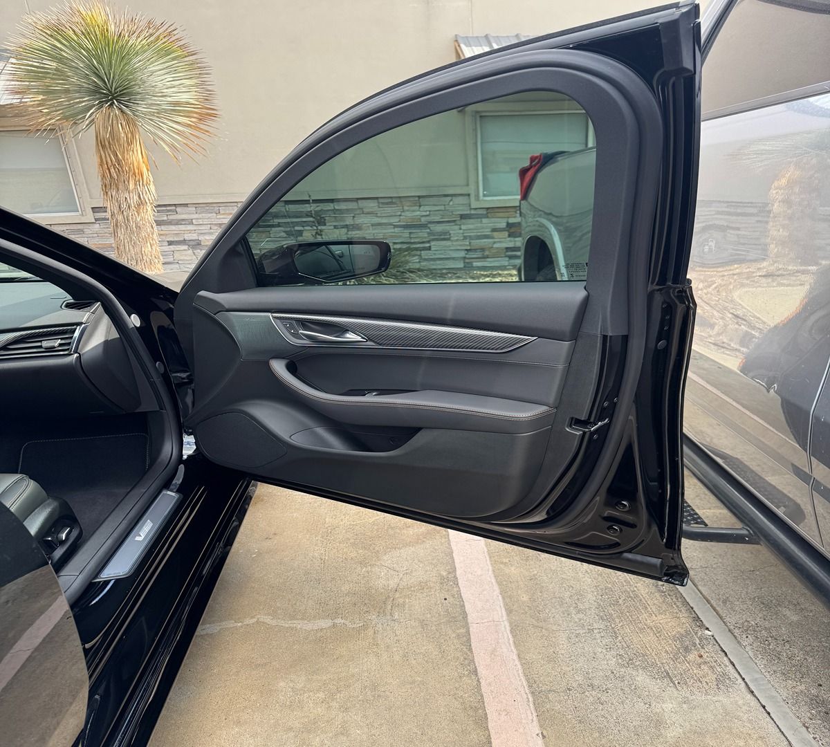An open black car door viewed from the exterior, showing the grey interior door panel and tinted window.