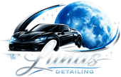 A black sports car speeds in front of a glowing blue moon, with the stylized text "Lunas DETAILING" below.