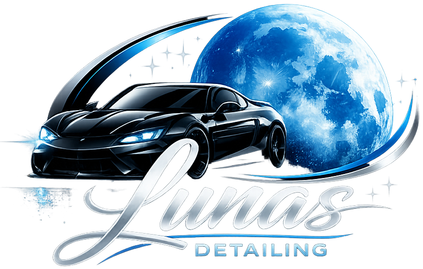 A black sports car speeds in front of a glowing blue moon, with the stylized text "Lunas DETAILING" below.