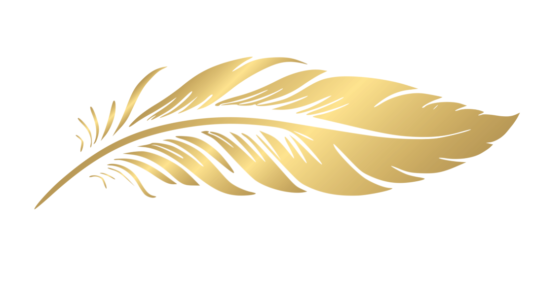 Gold feather on a white background.