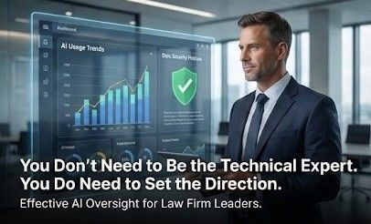 Law firm leader reviewing an AI usage dashboard; message about setting direction rather than being the technical expert