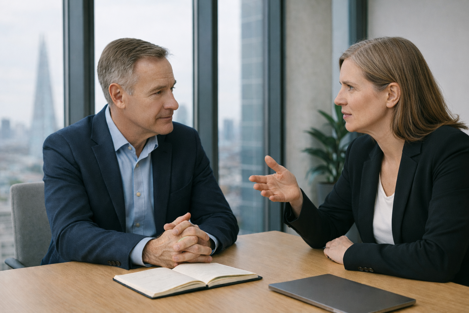 Two people in business attire at a table in an office, discussing. City visible through the window.