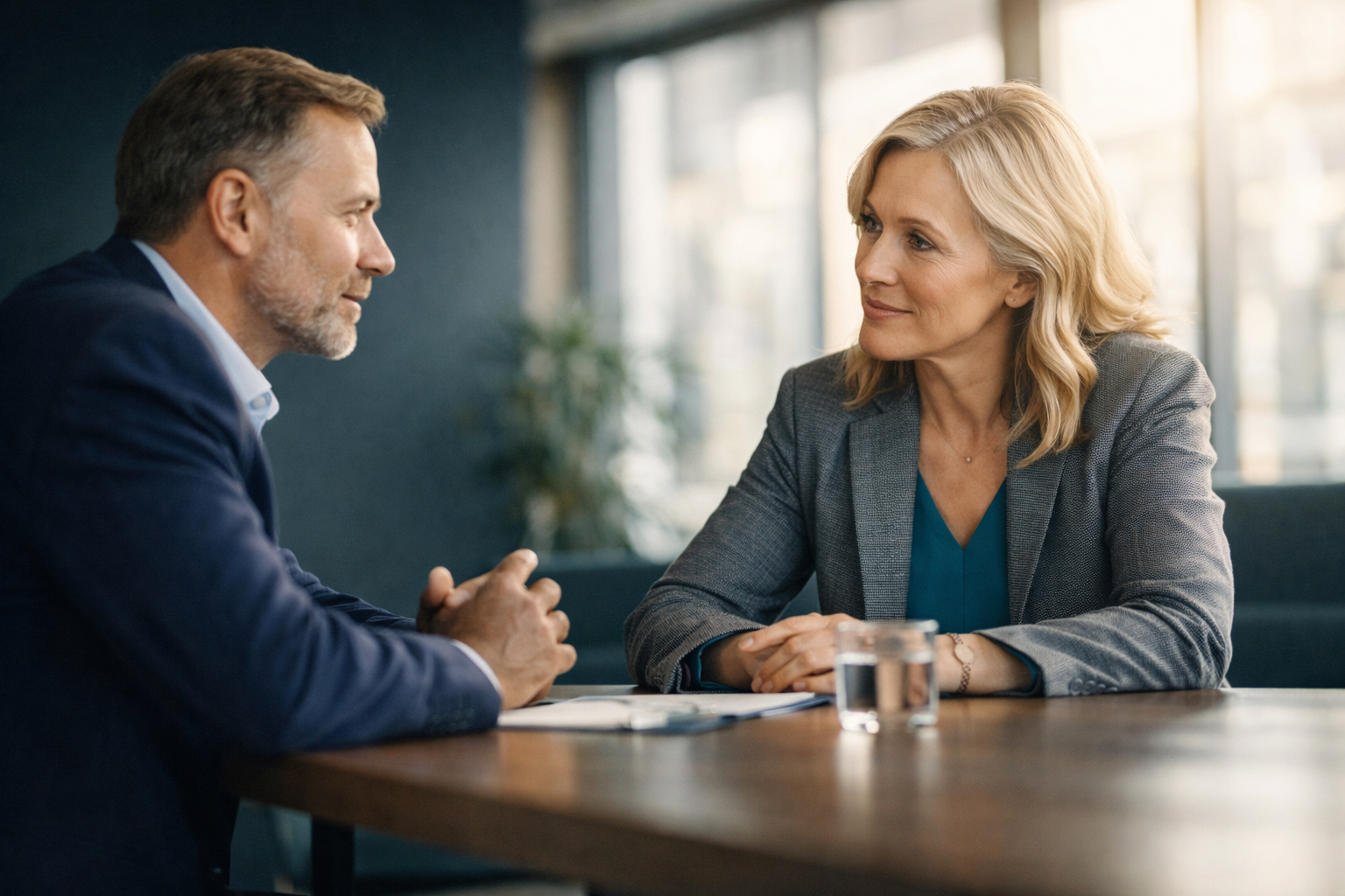 Senior professional listening attentively in a client conversation — independent client listening for law firms