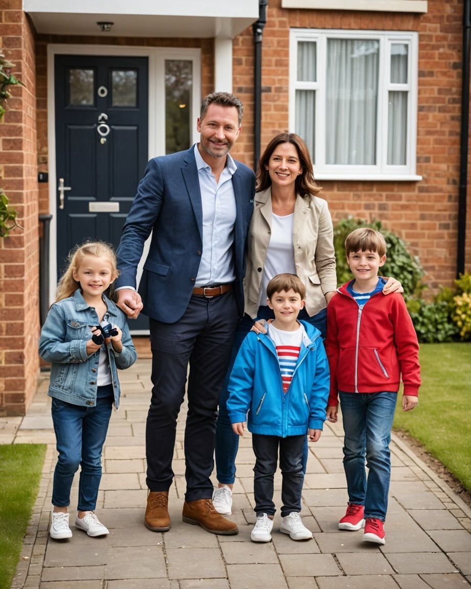 A family is posing for a picture in front of their house.