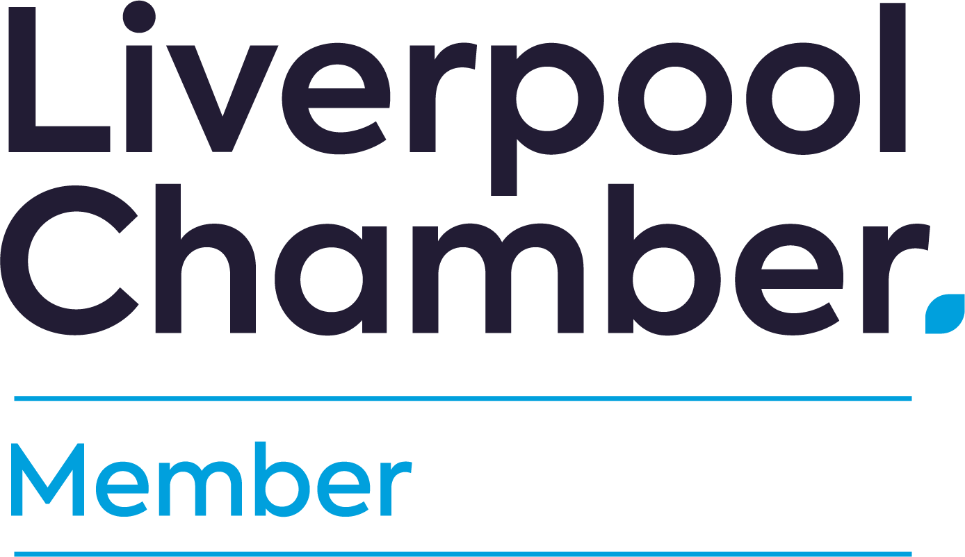 The logo for the liverpool chamber is blue and black.