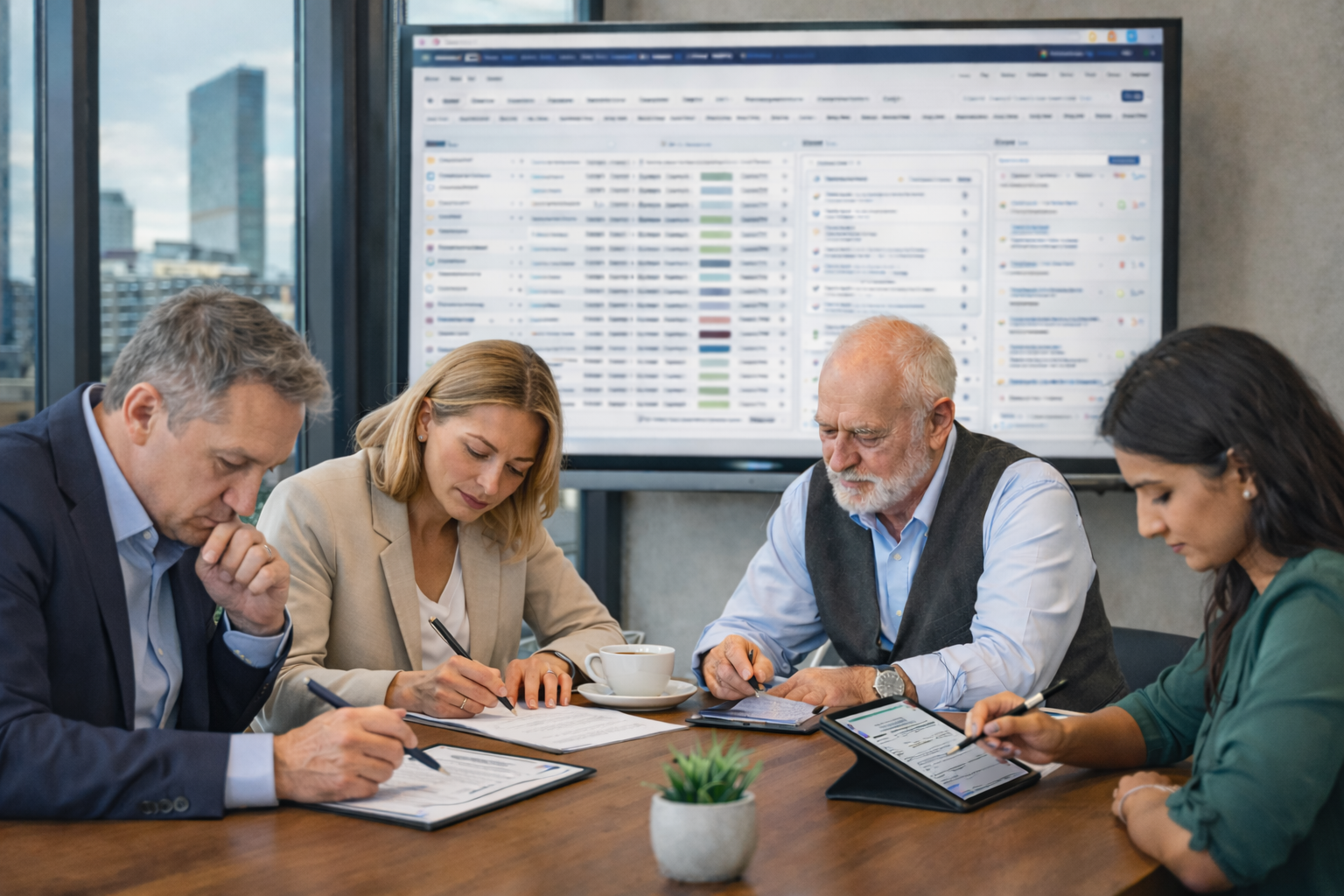 Four people at a table reviewing data on a screen and paper, some writing.