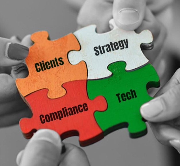 A person is holding a puzzle piece with the words clients strategy compliance and tech written on it