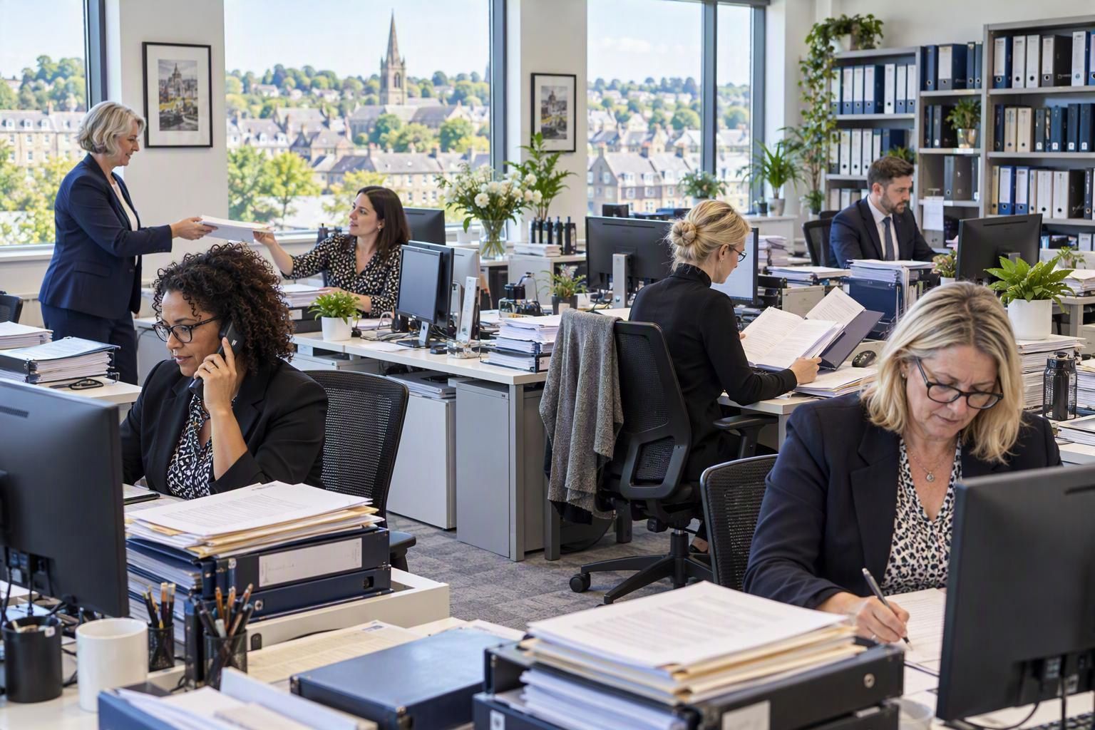 Busy law firm conveyancing team at their desks with files, phones and screens in a bright modern office