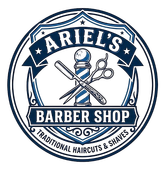 Ariel’s Barber Shop logo with scissors, comb, and striped pole in blue and white