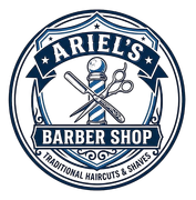 Circular blue-and-white Ariel’s Barber Shop logo with scissors, razor, and traditional haircut text