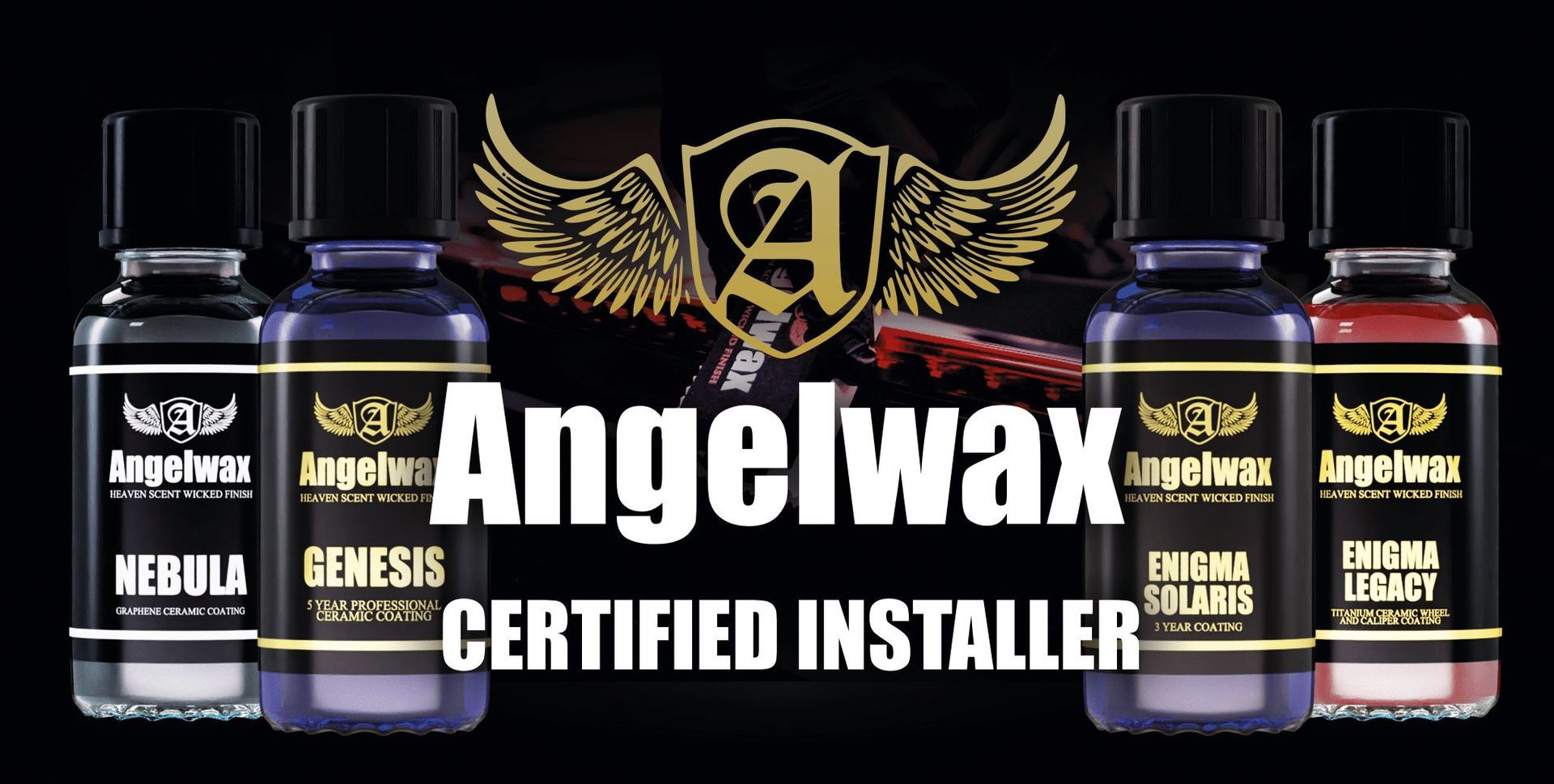 Angelwax product bottles with logo, 