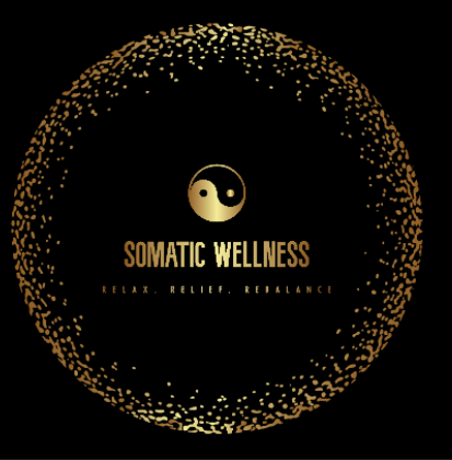 Logo for Somatic Wellness with a golden circle, a black and white yin-yang symbol, and the text 