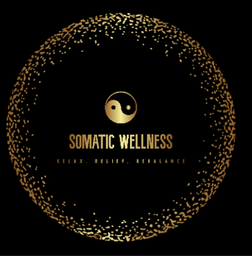 Logo for Somatic Wellness with a golden circle, a black and white yin-yang symbol, and the text 