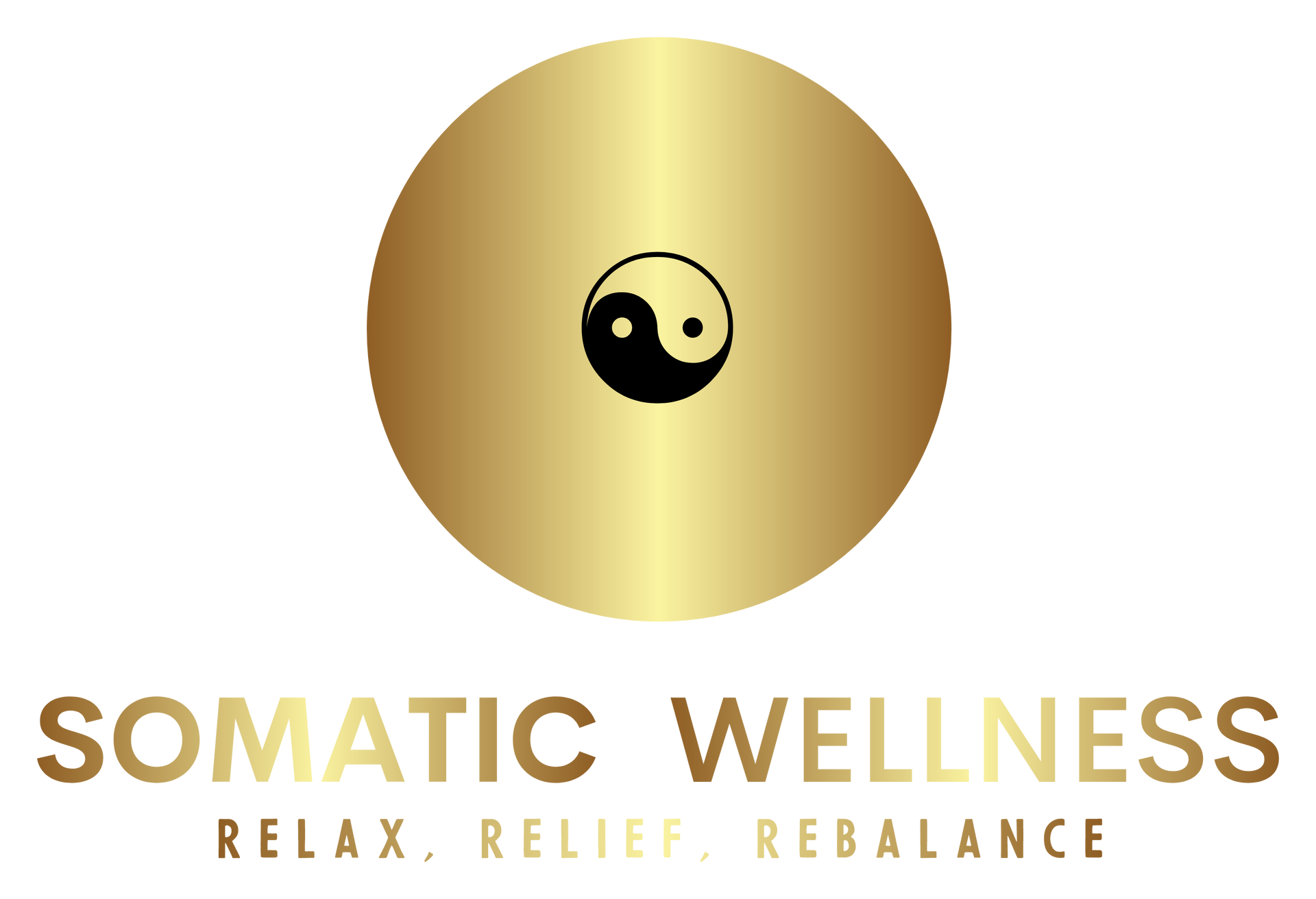 Logo for Somatic Wellness with a golden circle, a black and white yin-yang symbol, and the text 
