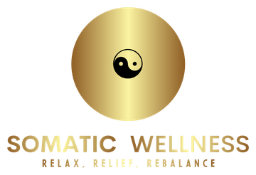 Logo for Somatic Wellness with a golden circle, a black and white yin-yang symbol, and the text 