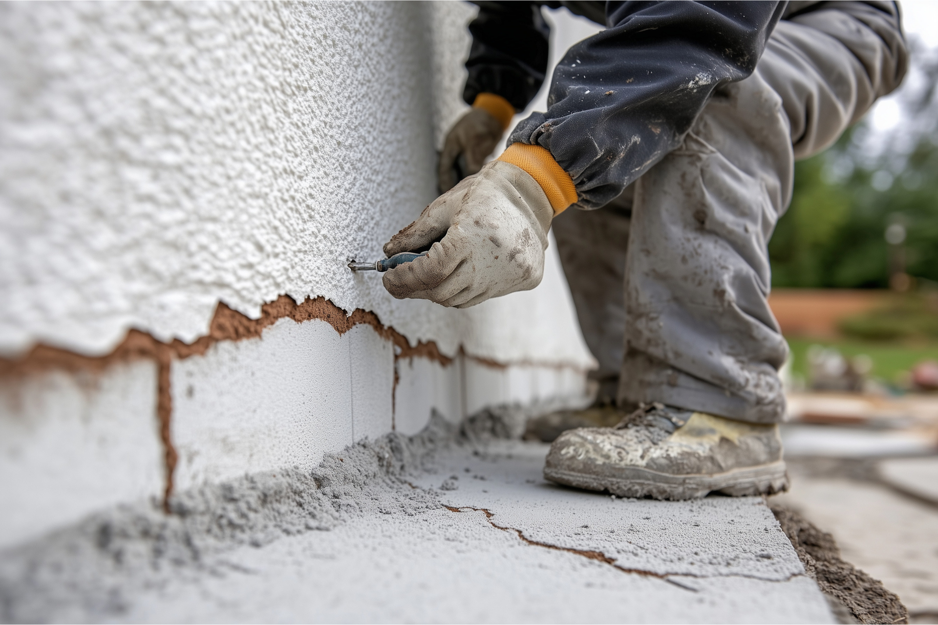 A man is working on a wall with a hammer.
