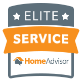 An elite service home advisor logo with an orange ribbon.