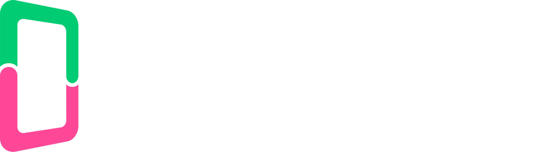 A pink and green logo on a white background.