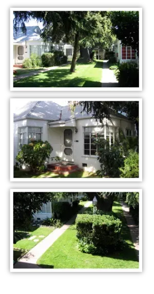 Three pictures of a white house with a lush green lawn