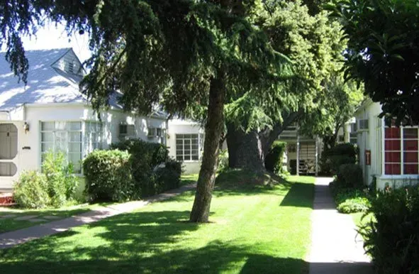 A row of houses are lined up on a sunny day