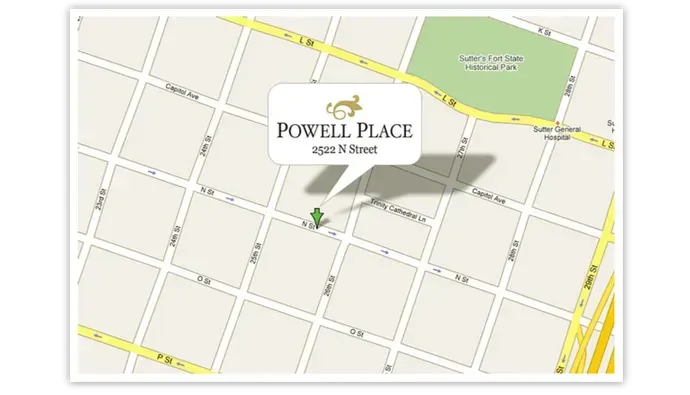 A map showing the location of powell place