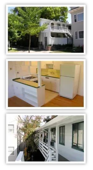 Three pictures of a house including a kitchen and a porch