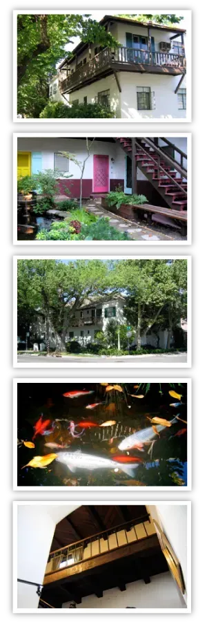 A collage of four pictures shows a house a pond and a bridge.