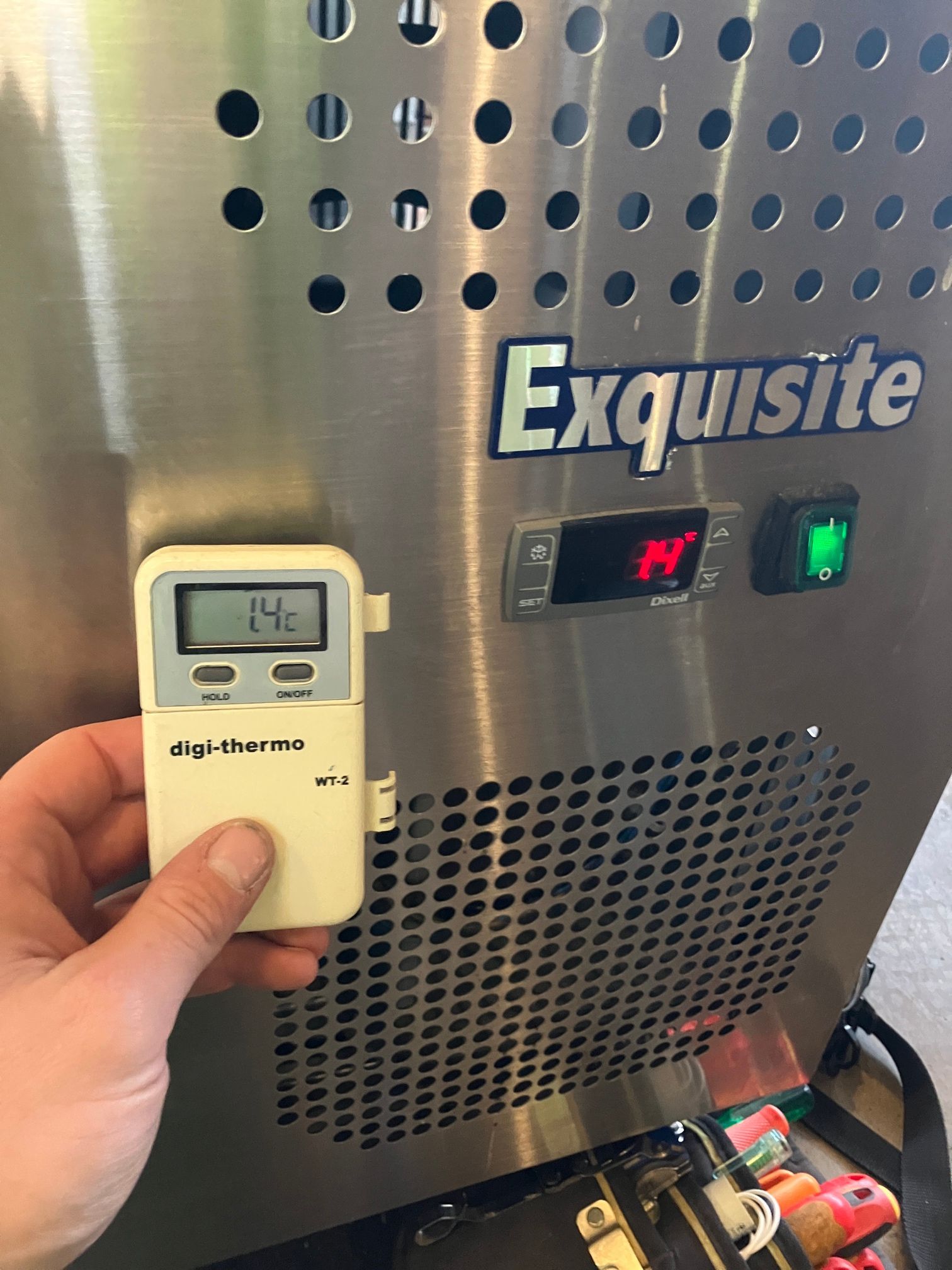 Person holding a digital thermometer near an