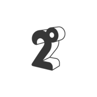 Gray, 3D rendering of the number two. The top loop appears to have a hollow circle cut out. 2 degrees logo