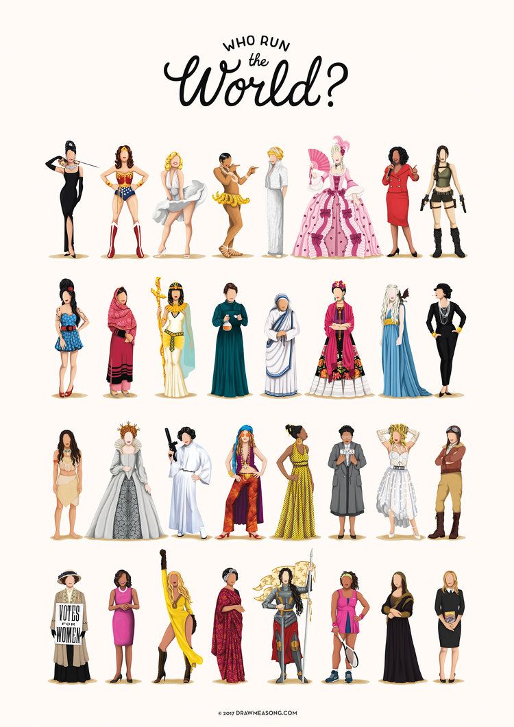Illustration of various women in historical and pop culture costumes. The title