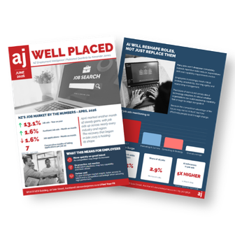 Red and blue AJ Well Placed job search infographic brochure with search bar and laptop screenshots