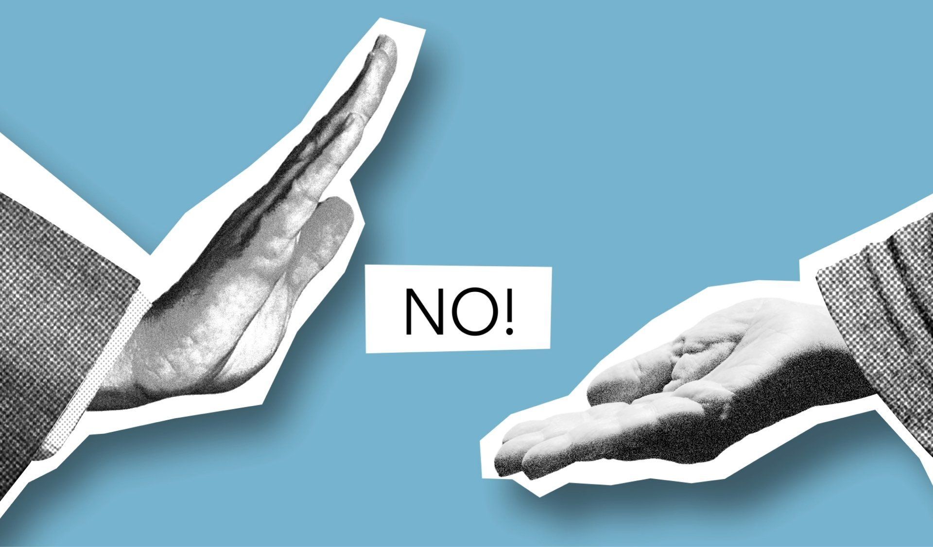 Two hands, one blocking and the other outstretched, with the word 