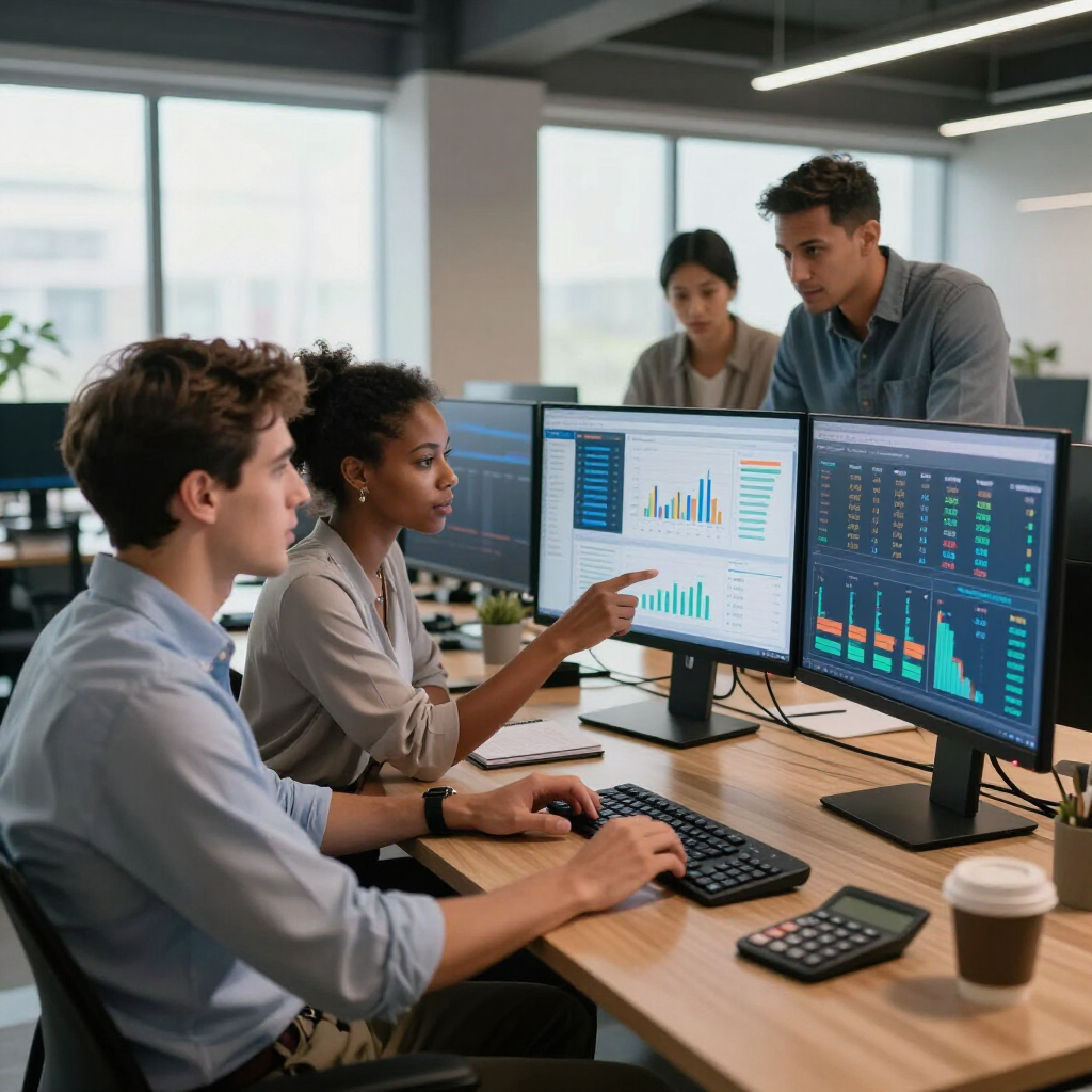 Colleagues reviewing data dashboards on dual monitors in a modern office, one pointing at the screen