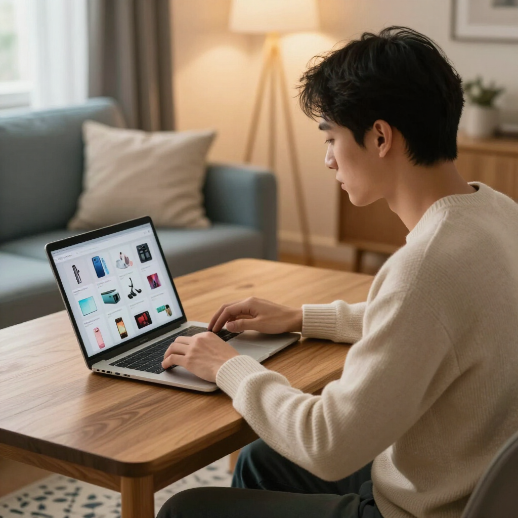 Person using a laptop at a wooden table in a cozy living room, browsing an online store.