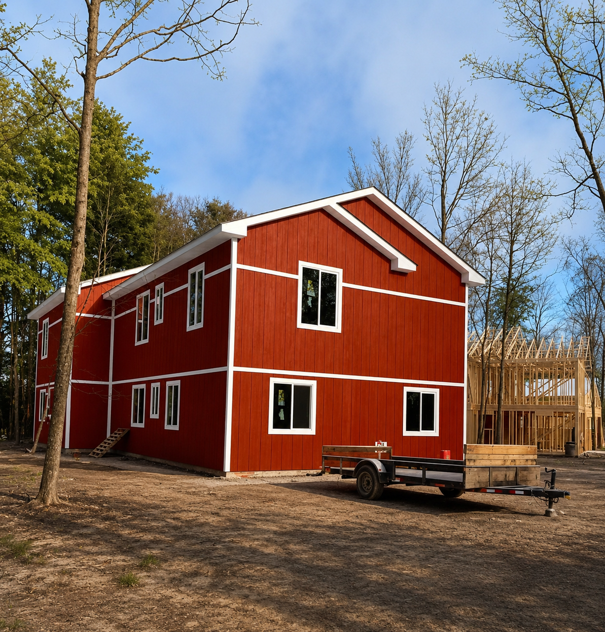 Red two-story house in a snowy yard with bare trees and a blue sky