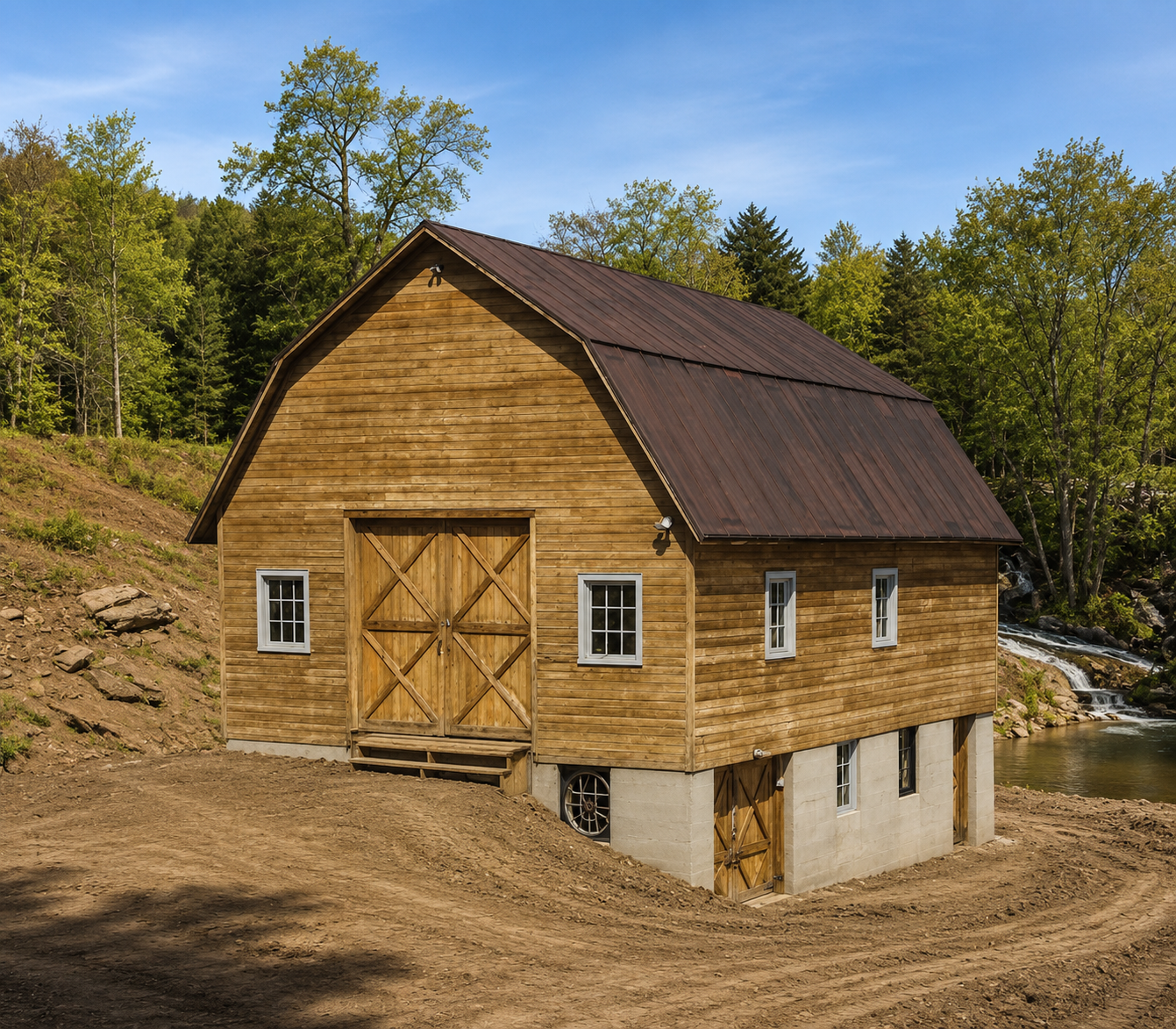 Small wooden barn under construction with snow on the ground and building materials piled nearby