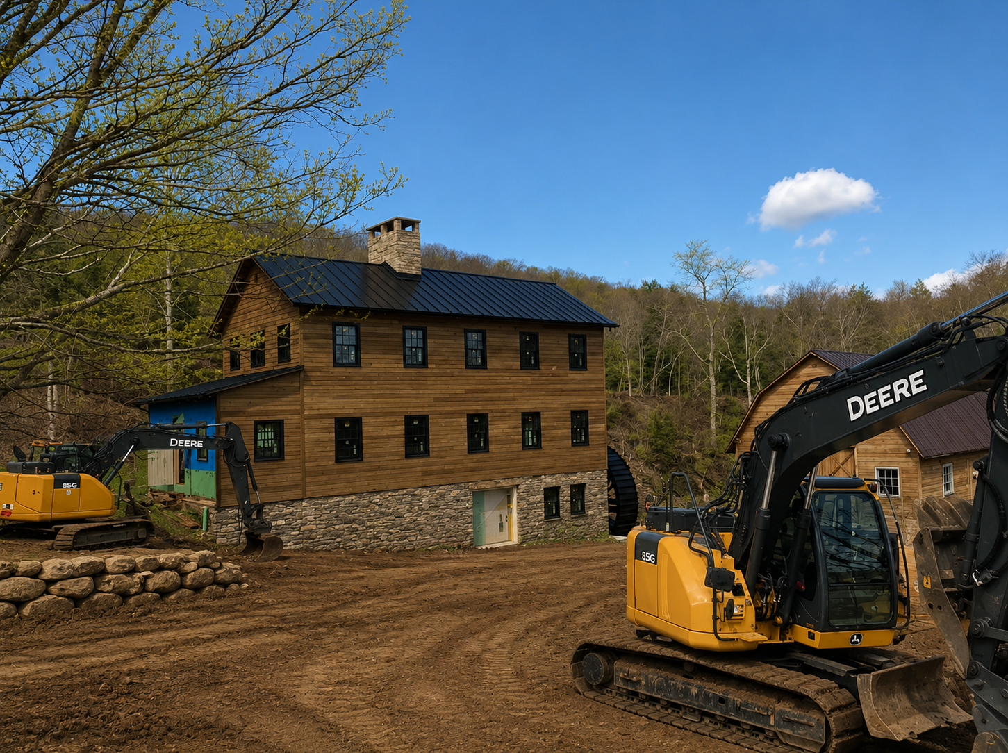 Construction excavator beside a two-story house in a snowy, wooded area