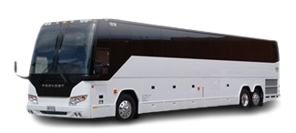 A white and black bus with the word prestige on the front