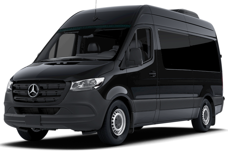 A black mercedes sprinter van is shown on a white background.