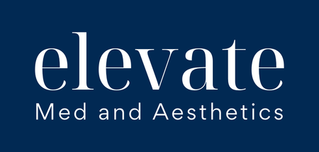 A blue logo for elevate med and aesthetics