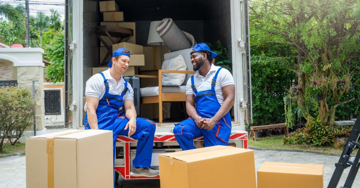 Two men are sitting outside of a box truck. The box truck’s storage compartment is open, and there are boxes inside.