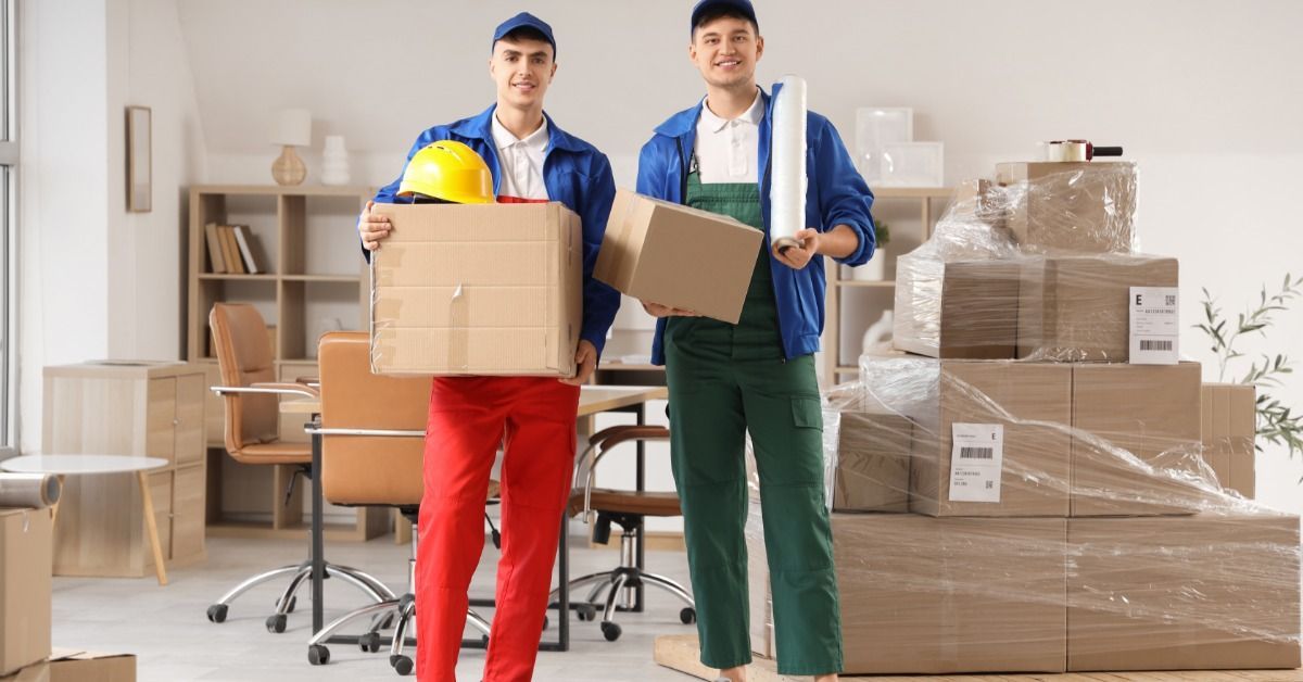Two men are standing next to each other. They are both wearing overalls and holding boxes.