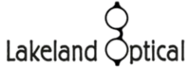 A logo for lakeland optical with a pair of glasses