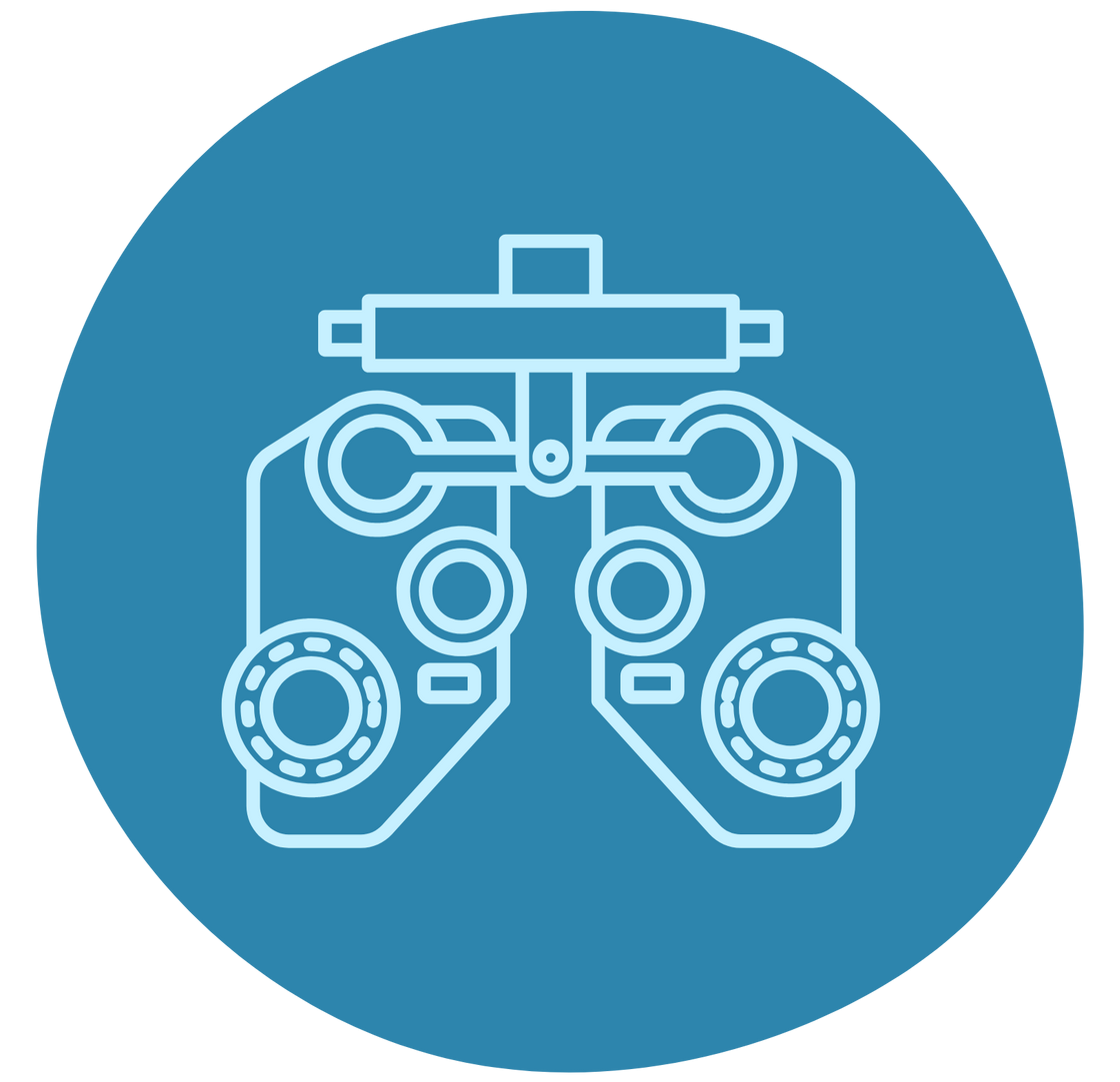 A blue circle with a line drawing of an eye test machine.