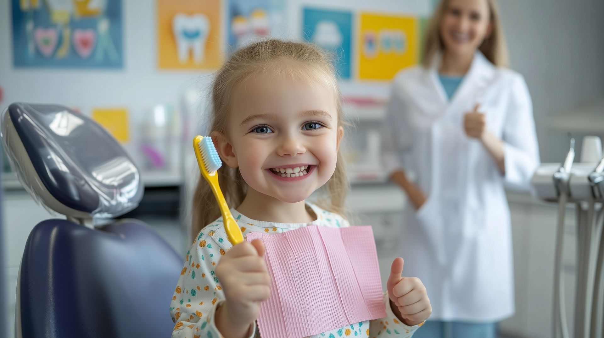 A happy girl holds a toothbrush and gives a thumbs-up, with a smiling dentist in the background.