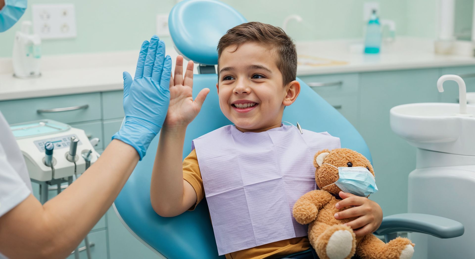 Smiling young boy high-fives his pediatric dentist while holding a masked teddy bear at a check-up
