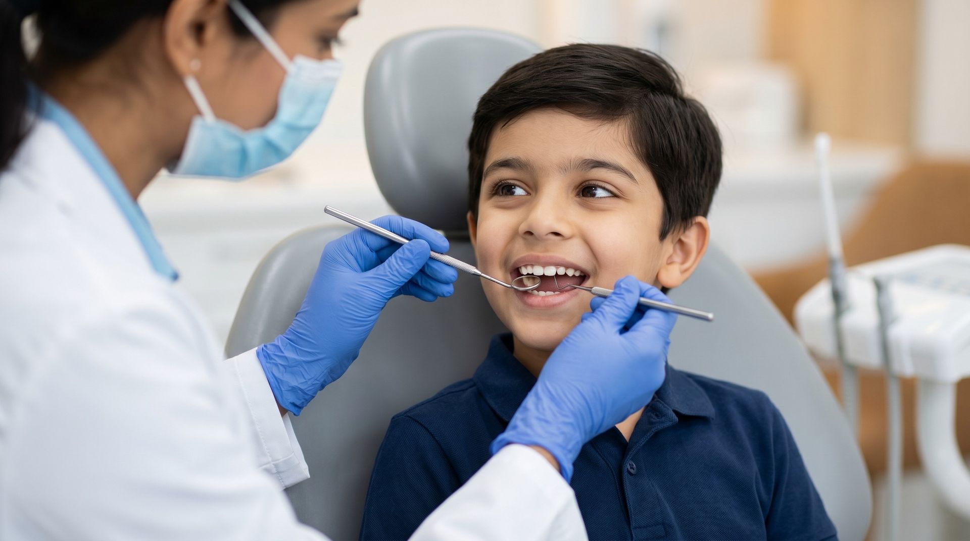 Smiling boy in a dental chair during a pediatric dental exam with a masked, gloved dentist nearby.